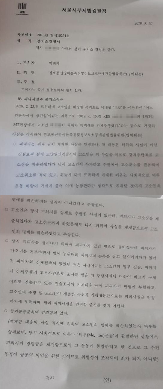 도도의 '명예훼손' 혐의에 관한 검사의 '불기소결정서'